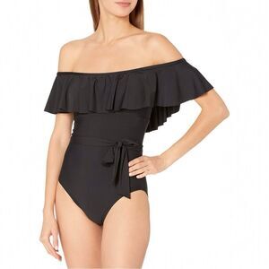 Athena Black Off Shoulder Ruffle Swimsuit One Piece Size 12 Tie Waist New NWOT